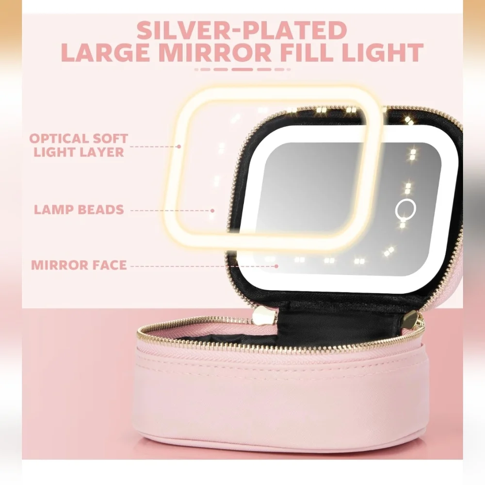 Makeup Travel 3 Light LED Dimmable Rechargeable Mirror- Makeup/Jewelry Case NEW